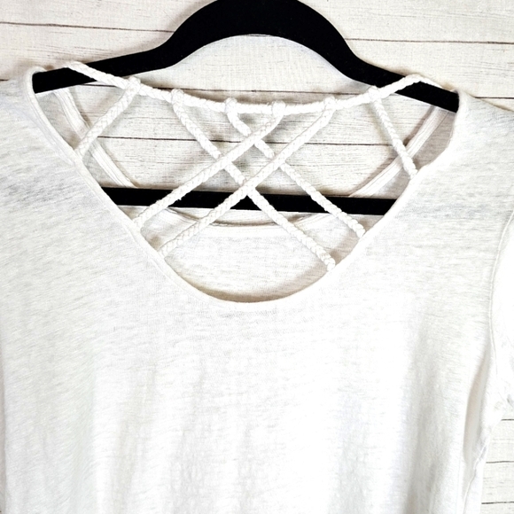 Boden 100% Linen Corded Cutout White Short Sleeve Top with Pocket - Picture 7 of 10